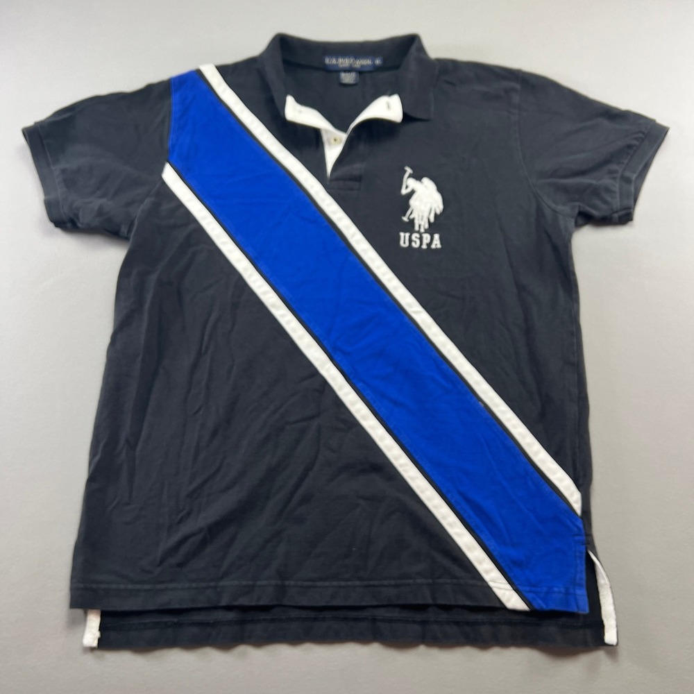 Us Polo Assn Polo Shirt Mens XL Black Blue Sash Striped Big Logo Slim Fit Golf